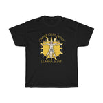 Omnia Quia Sunt, Lumina Sunt - Unisex Heavy Cotton Tee - Illuminati Vitruvian Man and Pyramid, 2-sided print